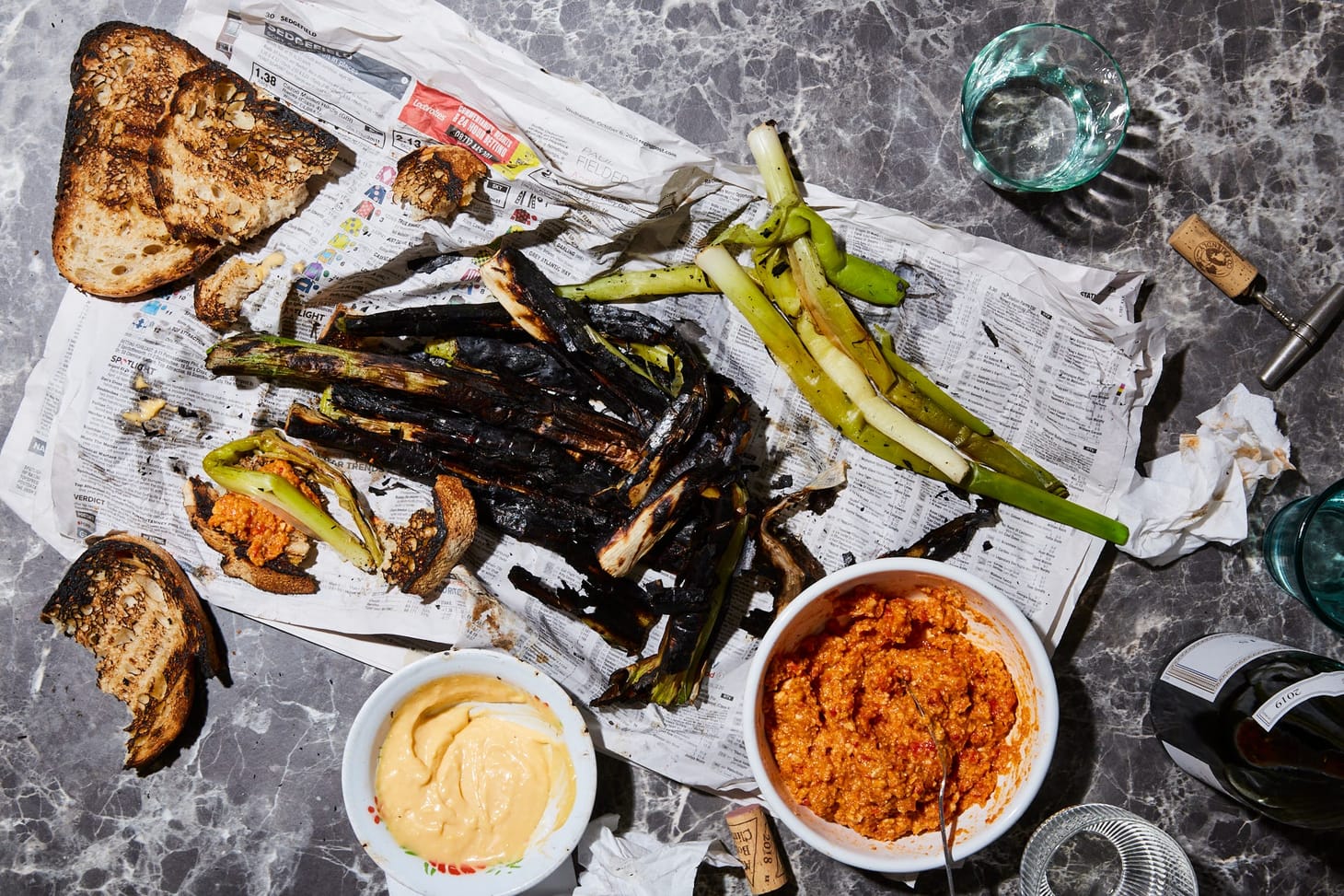 Recipe: Blackened Leeks with Garlic Mayonnaise, Romesco and Charred Sourdough